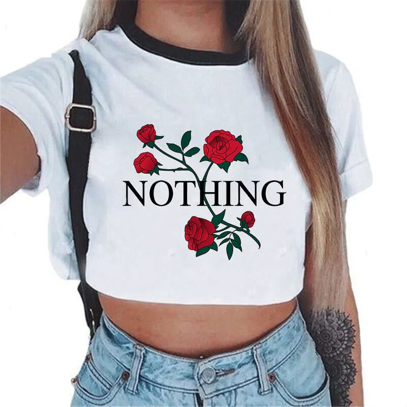 

Nothing Letter Rose Print T Shirt Women Short Sleeve O Neck Short Leaking Navel Tshirt 2019 Summer Women Tee Shirt Tops