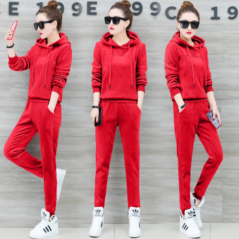 YICIYA red Velvet 2 piece set tracksuits women warm outfit sportswear co-ord set plus size big hooded top pant suits clothes