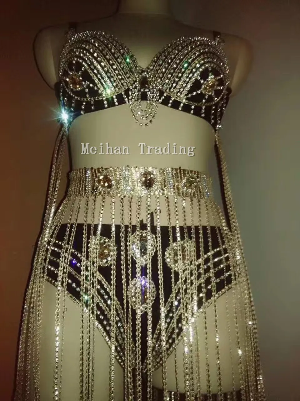 Золотые кристаллы длинной кисточкой наряд с бикини Одежда для ночного клуба из двух частей комплект вечерние сексуальные костюмы стразы