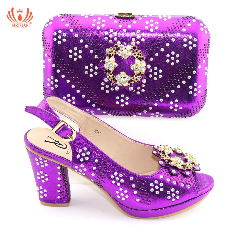 

New Purple Color Nigerian Shoes and Matching Bags Set Decorated with Rhinestone African Shoe and Bags Women Italian Ladies Shoes