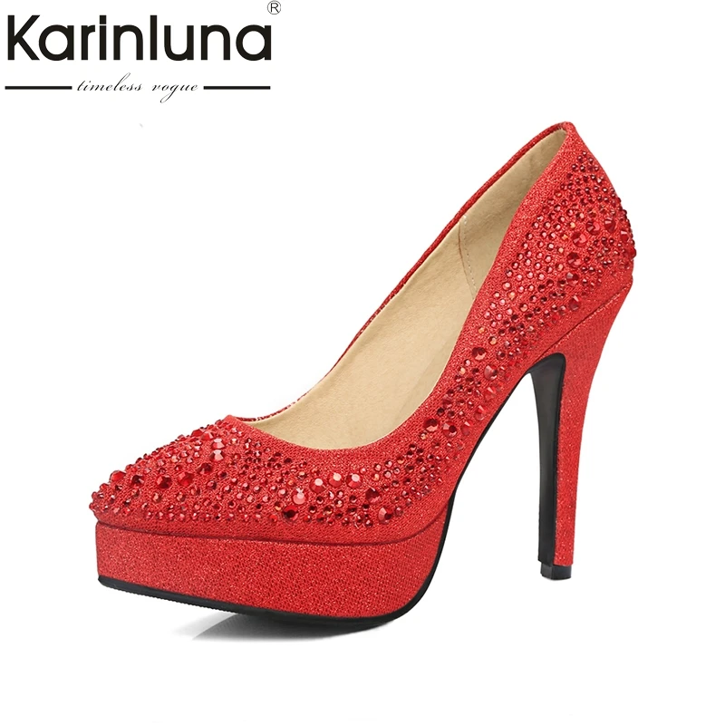 

KARINLUNA brand top quality bling upper women shoes sexy pointed toe thin high heels office lady bride wedding shoes woman
