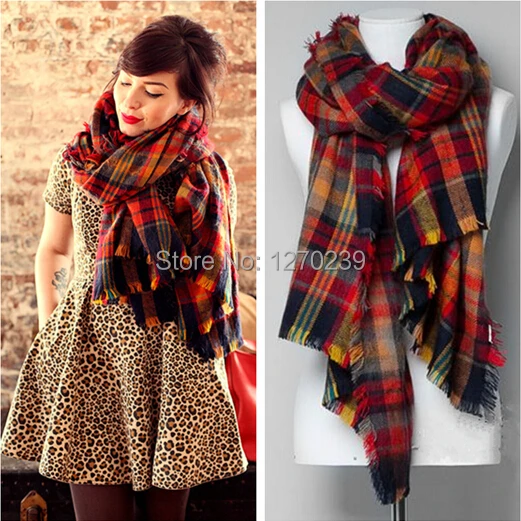 WJ09 2014 Street Snap Plaid Blanket Scarf Women Shawls Imitation Cashmere Star Style Cape Scarves font