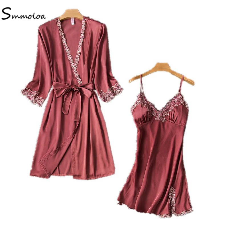 

Smmoloa Spring Summer Silk Women Lace Bathrobe Two Pieces Sleep Set Luxury Sexy Print Sleepwear