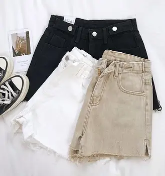 

Summer basic wash side slit retro high waist denim shorts