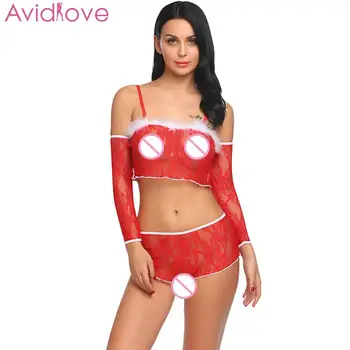 

Avidlove Women Christmas Bodystocking Body Suit Sheer Lace Sexy Unlined Set with Panty Lingerie and Sleeves