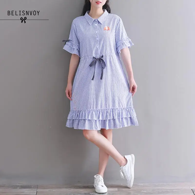 

Mori Girl Vintage Style Women Plaid Cotton Linen Kawaii Dress Turn-down Collar Flare Sleeve Female Vestidos Blue Ruffles Dress