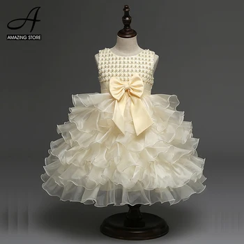 

Summer pearl beading princess tutu bowknot layered sleeveless dress flower girls kids dress party ball gown vestido bebe ropa