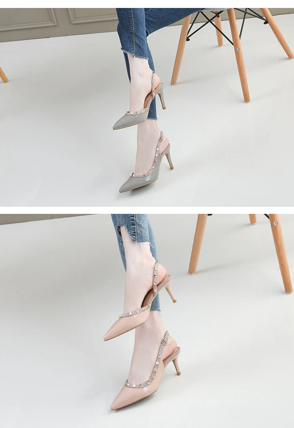 Женская обувь для вечеринок весенние туфли-лодочки на высоком каблуке с заклепками женские модельные туфли с острым носком без застежки на тонком каблуке обувь с ремешком сзади размера плюс DE