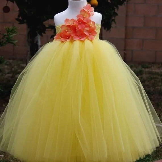 

Little Girls Yellow Flowers Tutu Dress Kids Handmade Fluffy Tulle Tutus Ball Gown with Headband Children Party Costume Dresses