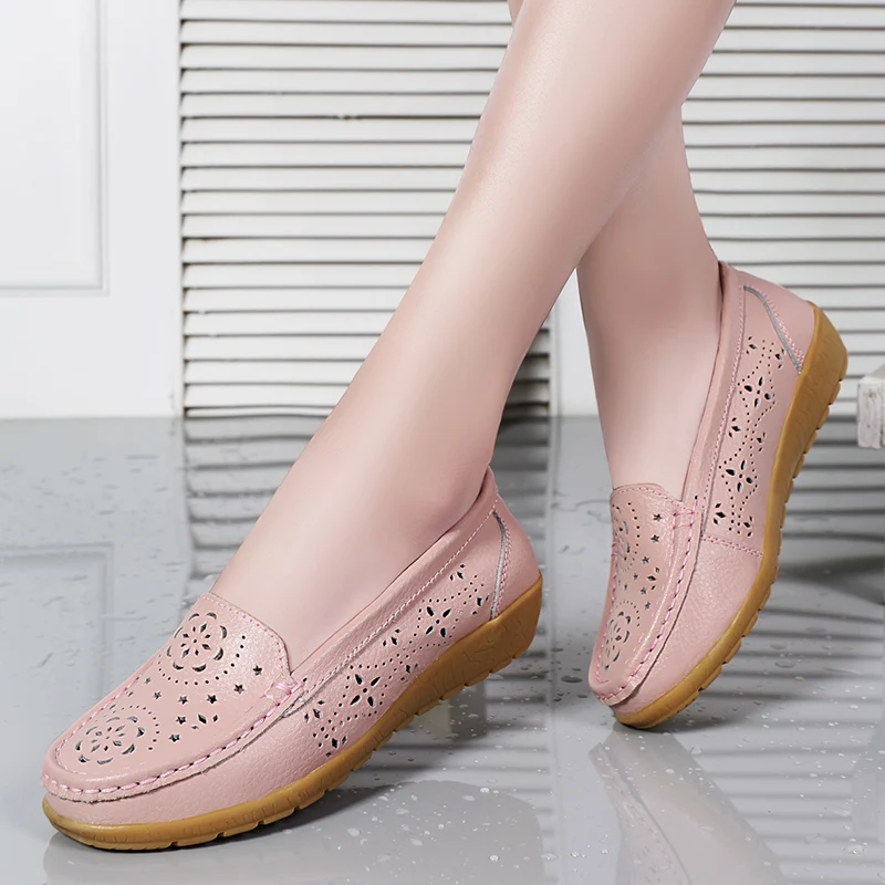 

Plardin 2019 Spring women flats shoes women genuine leather shoes woman cutout loafers slip on ballet flats ballerines flat