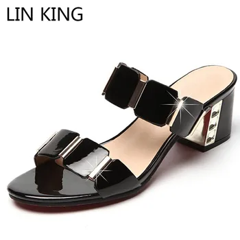 

LIN KING Sexy High Heel Women Slippers Metal Decoration Square Heel Female Slides Solid Thick Sole Lady Summer Office Work Shoes