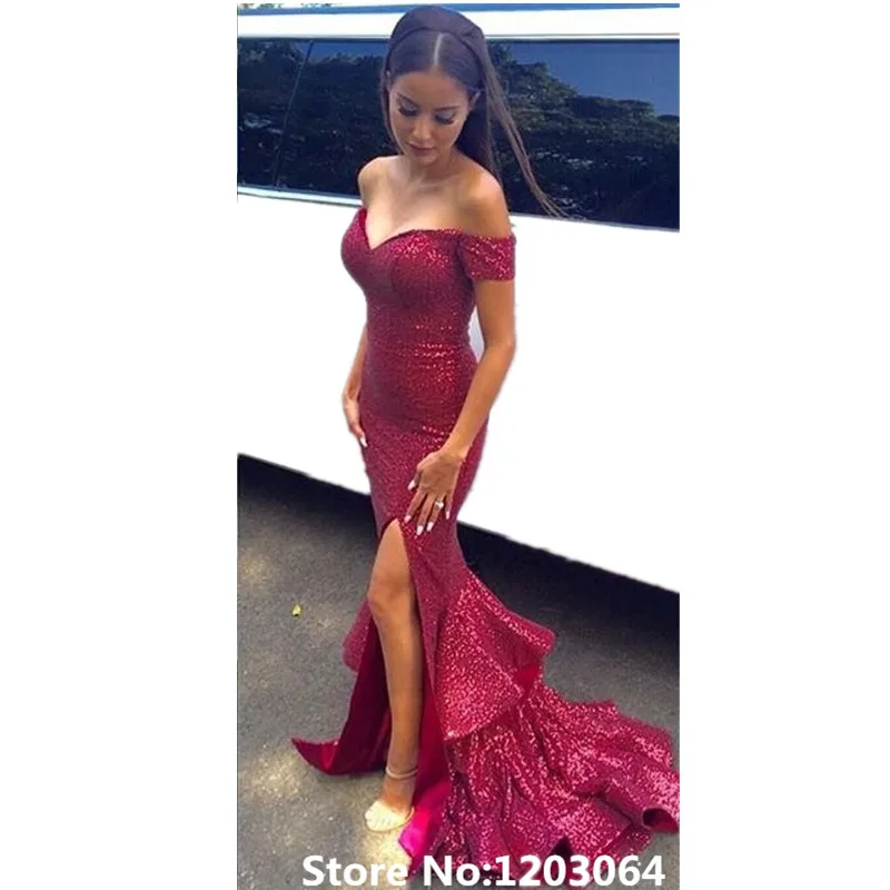 

2019 New Fashion Sweetheart Red Mermaid Prom Dress Side Slit Prom Dresses Off The Shoulder Prom Dresses Vestdios De Festa