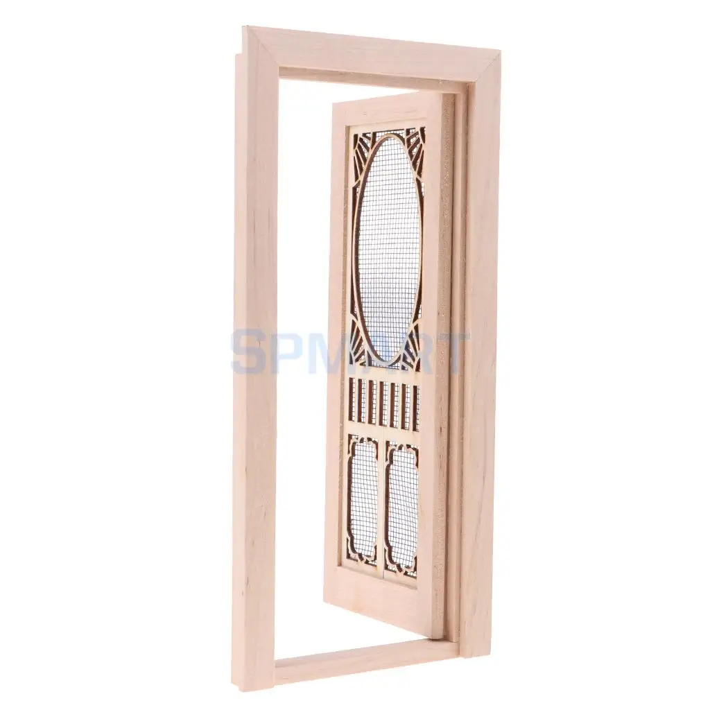2 Pieces Vintage Wood External Hollow Screen Single Door for 1/12 Dolls House Rooms DIY Accessories