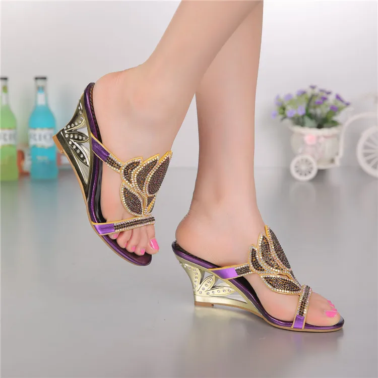 Purple Korean Sexy Diamond Fashion Casual Open Toe Slippers With Heel Womens Shoes Large Sizes High Heels Sandals Wedges 2016-3