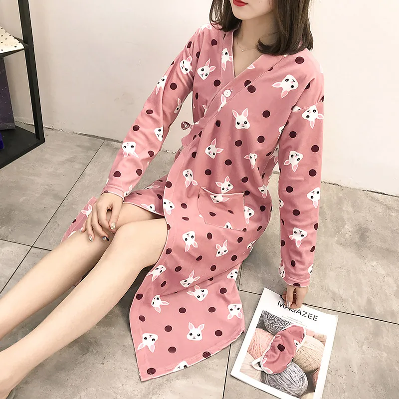 Халат женский длинный хлопок японский стиль кимоно пижамы мультфильм красивый банный халат Женская одежда для сна Повседневный трендовый халат с v-образным вырезом для женщин s - Цвет: 3