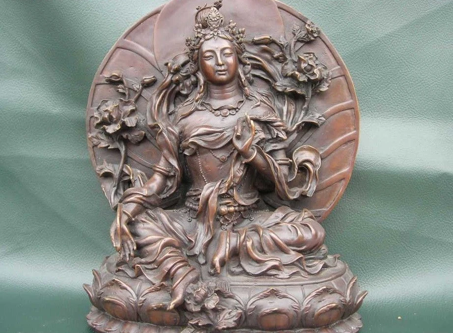 

Tibet Buddhism Pure Copper Bronze Green Tara Kwan-yin Bodhisattva Buddha Statue
