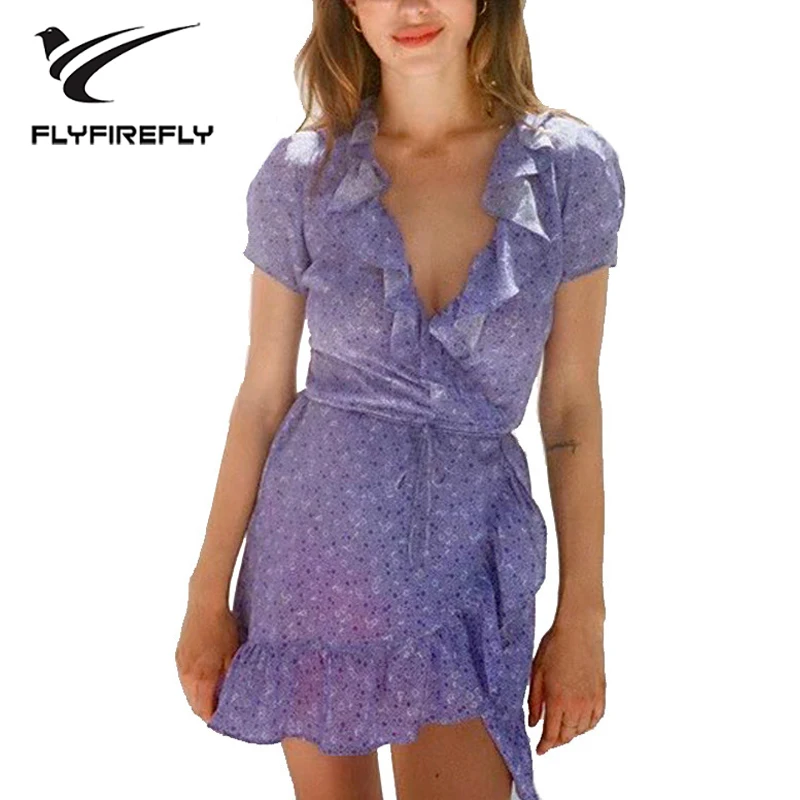 Lavender Print Dress Women Summer Casual V Neck Ruffles Short Sleeve Mini Dress 2018 Sexy Boho ...