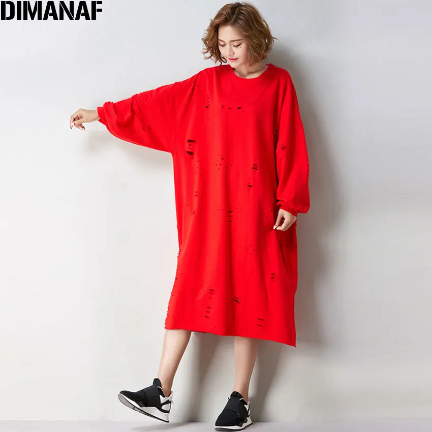 DIMANAF, женское платье, осенний стиль, высокая уличная мода размера плюс, хлопковое платье, однотонное, с дырками, женское, повседневное, модное, больше размера, свободные платья - Цвет: Tu6043Red