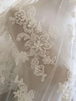 

Ivory Alencon Lace Fabric Floral Sequined Pearl Beaded Wedding Lace Fabric Dress Coat Fabric 47.2 Inches Wide 1 Yard