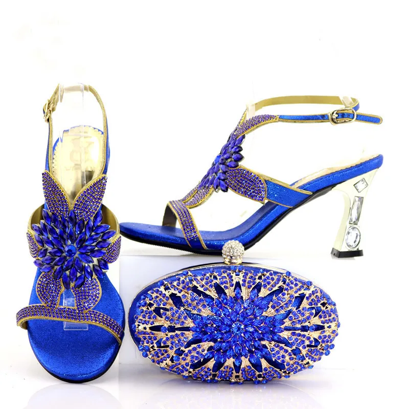 

African italian shoes and bag set matching size 37 to 43 middle heel 2.7 inches royal blue shoes and bag many stones SB8267-3