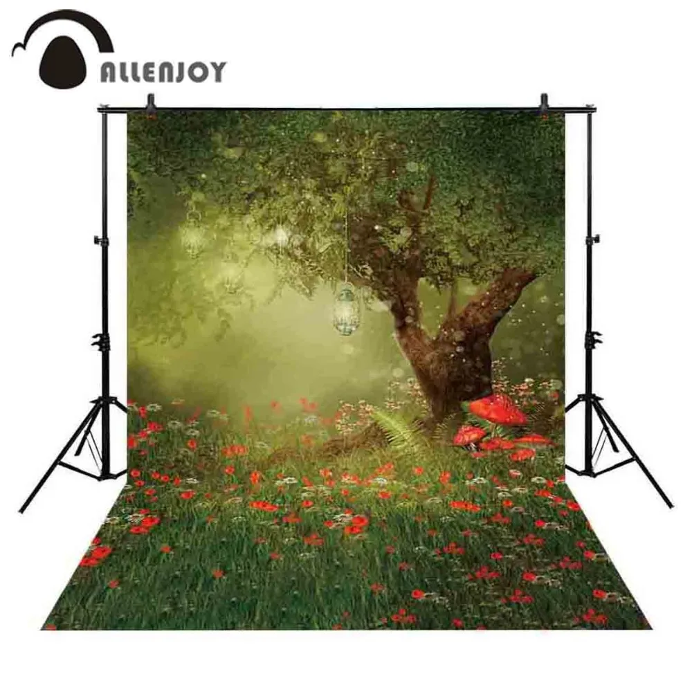 

Allenjoy backdrop for photographic studio magic tree lanterns poppy meadow colorful lawn red mushroom background photocall