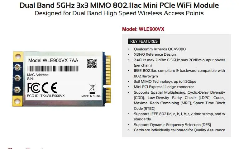 Compex WLE900VX Atheros QCA9880 802.11AC 1300 Мбит/с 3x3 Dual Band 2,4/5 ГГц MINI PCI-E карты