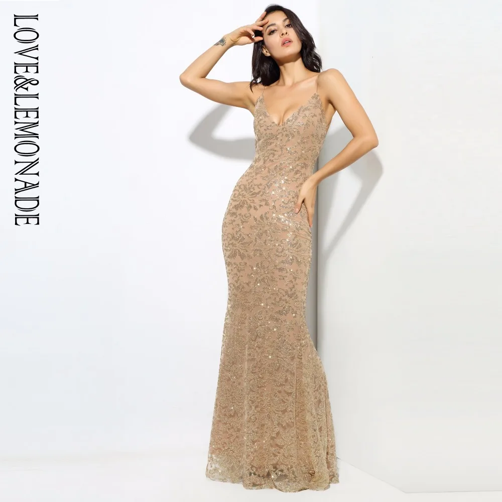 

Love&Lemonade Gold Deep V Neck Open Back Flower Ribs Long Dresses LM0300