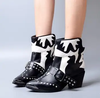 

super high quality real leather rivet metal buckle woman pointed toe low chunky heel ankle boots knight boots cowboy boots