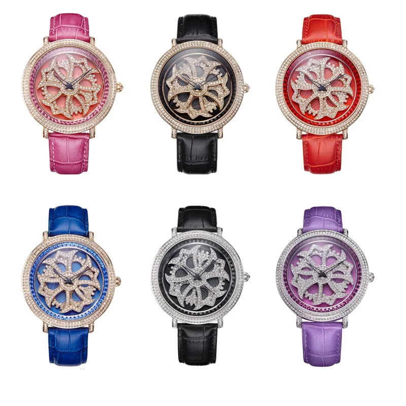 Ladies Luxury Bling Rhinestone Genuine Leather Rotate Flower Watches Women Quartz Watch Waterproof Best Quality Gift Davena Top