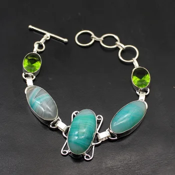 

Natural Peridot Botswana Agate925 Sterling Silver Color Women Links Bracelet Wonderful 8 Inch TF836