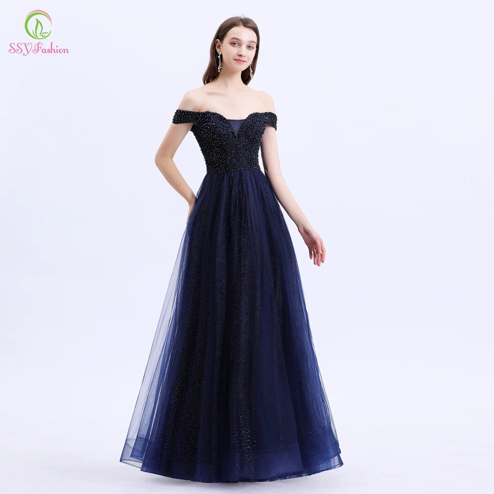 Женское вечернее платье SSYFashion элегантное темно синее с вырезом лодочкой и