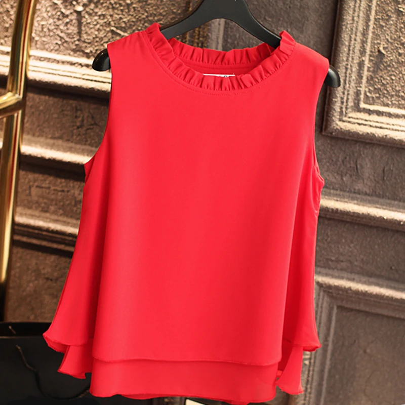 2019 Summer New Fashion Double layer Women Chiffon blouse Ruffled collar blouses Loose sleeveless Chiffon shirts Female tank