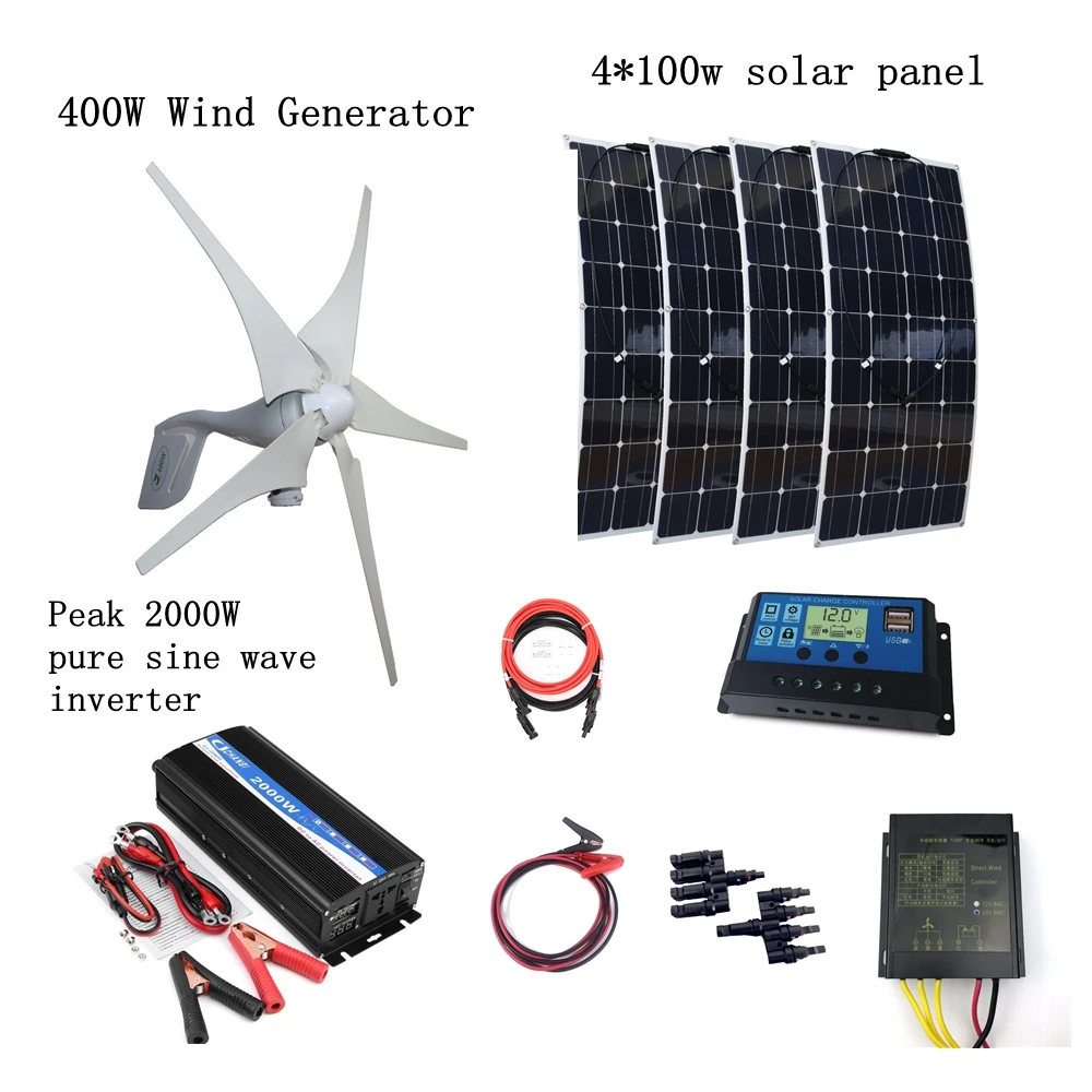 

400W Wind Generator + 4*100W Solar Panels+Peak 2000W Inverter+12V/24V Controller Houseuse Wind Solar 800W Solar System