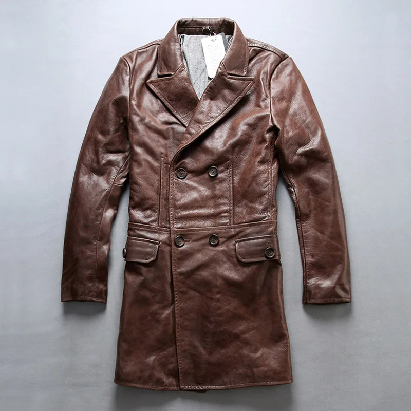 AVIREXFLY мужской коричневый X-Long Стиль Подлинная Lenther куртка умный Повседневный двубортный приталенный пиджак маленький размер M-4XL - Цвет: Коричневый