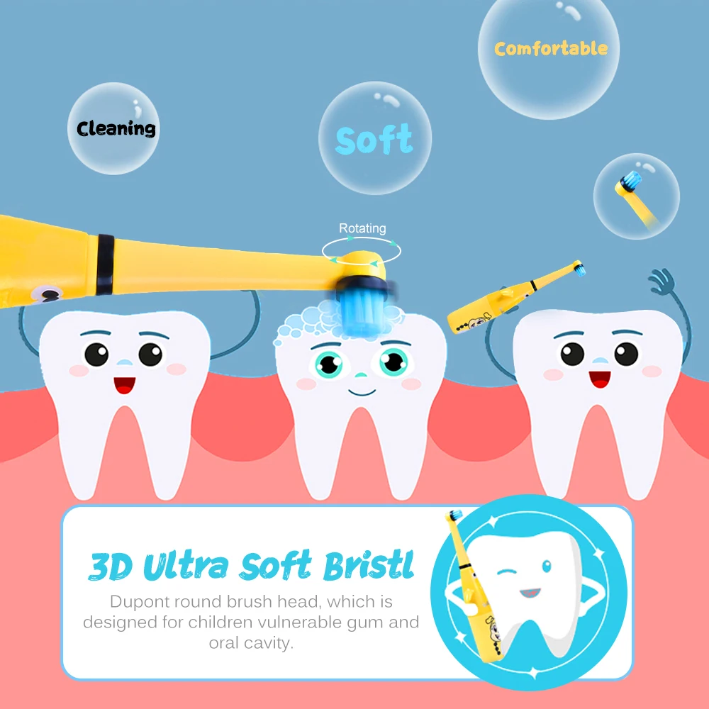 Детская электрическая зубная щетка с 2 головками, Детская милая мягкая зубная щетка для волос, электрическая вращающаяся зубная щетка для детей 3-12 лет
