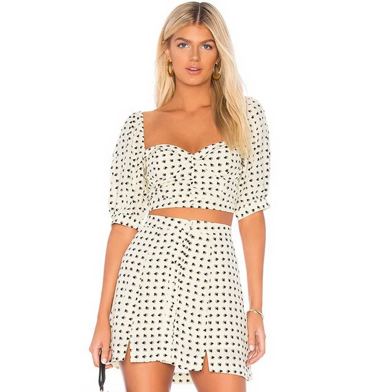 

Vintage Polka Dot Fashion Women Set Runway Designer Luxury 2019 Summer Two Piece Suit Sexy Crop Top + Mini Skirt Outfits Female