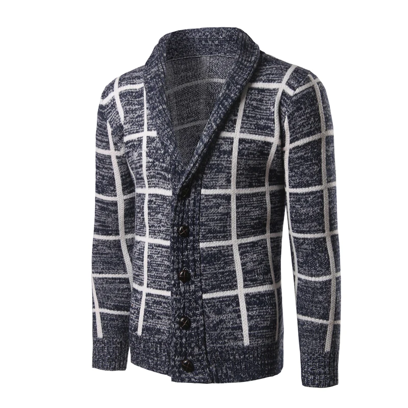 New Trend Shawl Collar Cardigan Sweater Men Pull Homme 2016 Mens Plaid Design Slim Fit Front