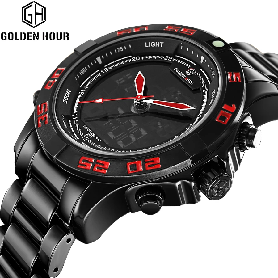 

GOLDENHOUR New Casual watch Men Backlight Week Display Military Black Steel Digital Quartz Analog Watch Clock Relogios Masculino