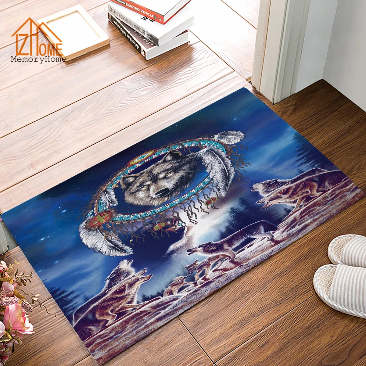 

Memory Home Cool Wolf Dream Catcher Design Non-woven Fabric Non-slip Indoor Home Bathroom Kitchen Rug Animal Doormat Floor Mat