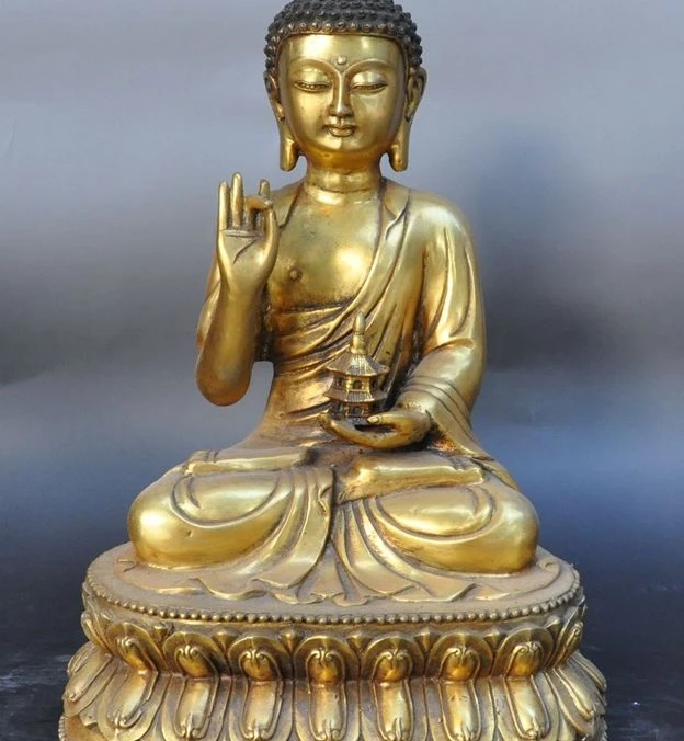 

16"china buddhism bronze gilt pray hold tower sakyamuni Shakyamuni buddha statue