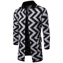 Men’s Knit Cardigan Thick Sweater Coat Knitwear Casual Long Line Jacket Outwear V-Neck Striped Cotton Coat Coarse Wool Pattern