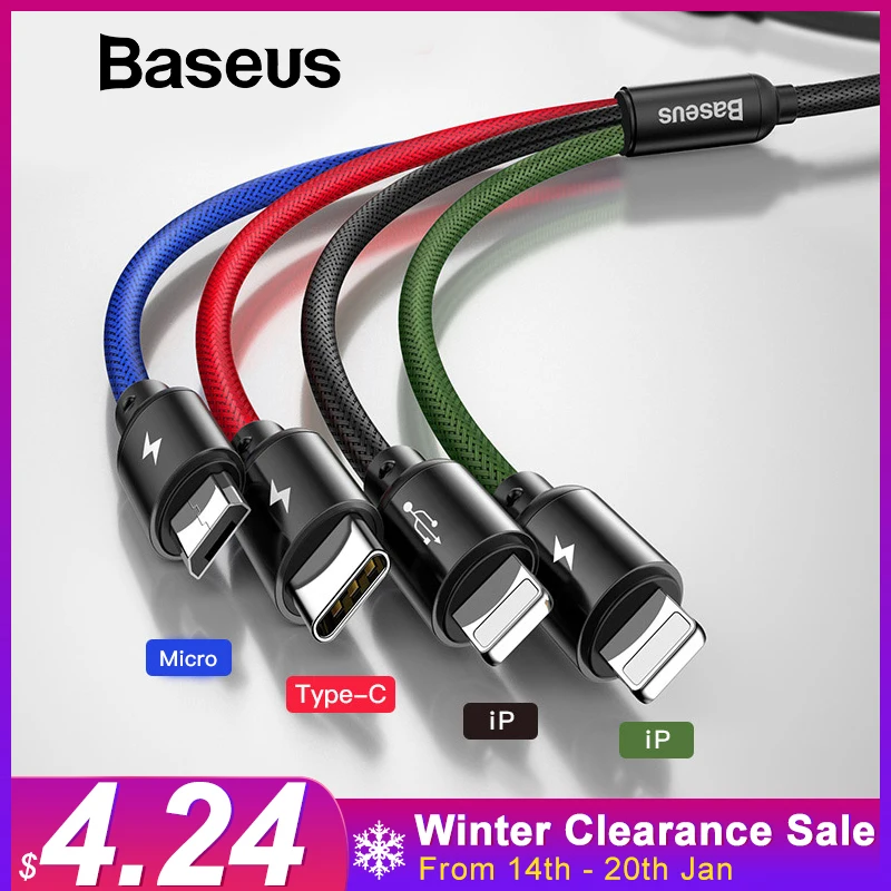 Baseus Cable USB para iPhone Xs Max XR 4X4 en 1 USB C rápida Cable de carga para Samsung Huawei cable de tipo C 3 en 1 Cable USB a Micro USB