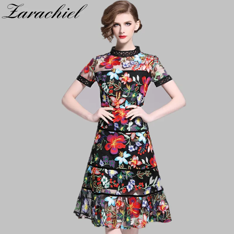 

2019 Summer Women Brand Designer Mesh Floral Embroidery Dresses Short Sleeve Patchwork Hollow Out Slim Ruffles Fishtail Dress
