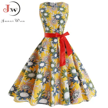 

Vintage Dress Women Summer Big Swing Rockabilly Robe Femme Casual Party Dresses Plus Size Elegant Floral Print A line Midi Dress