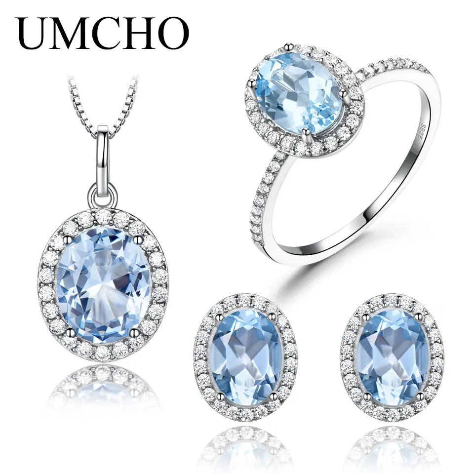 

UMCHO 925 Sterling Silver Jewelry Sets for Wome Blue Topaz Gemstone Rings Pendant Necklace Stud Earrings Wedding Engagement Gift
