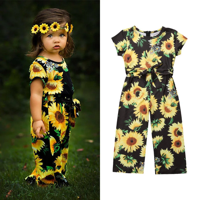 

Toddler Kids Baby Girls clothes Sunflower Print zipper short sleeve Romper cotton casual newborn round neck Jumpsuit one pieces