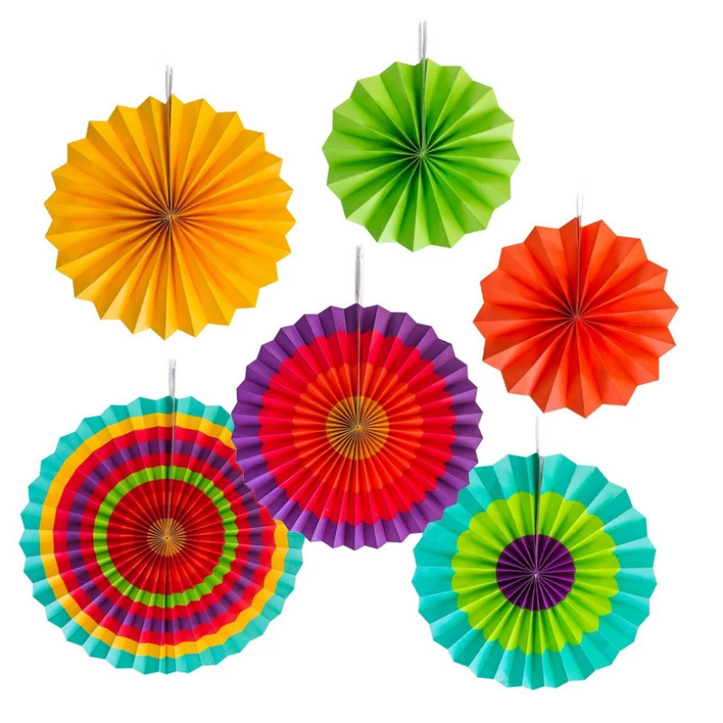 6pcs/set Thick Paper Fan Mexican Fiesta Party Paper Fan Flowers Decoration Hanging Paper Fan Backdrop DIY Party Decorations