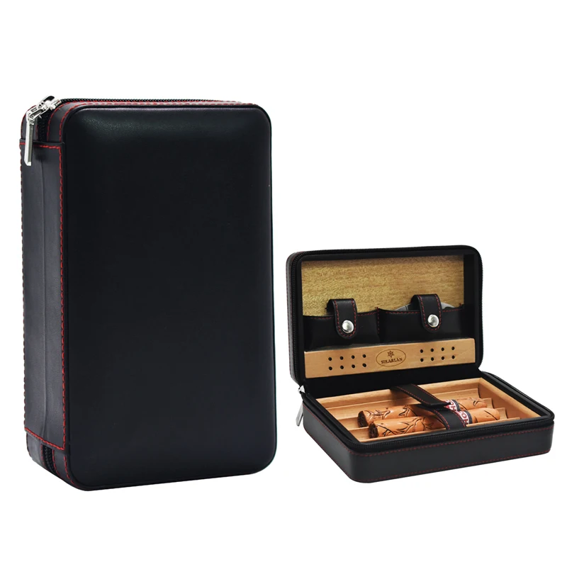 Genuine Leather Solid Cedar Wood Tray Cigar Case Travel Carry 4 Tubes Mini Humidor Box Cigars Accessories with Cigars Humidifier Genuine Leather Solid Cedar Wood Tray Cigar Case Travel Carry 4 Tubes Mini Humidor Box Cigars Accessories with Cigars Humidifier