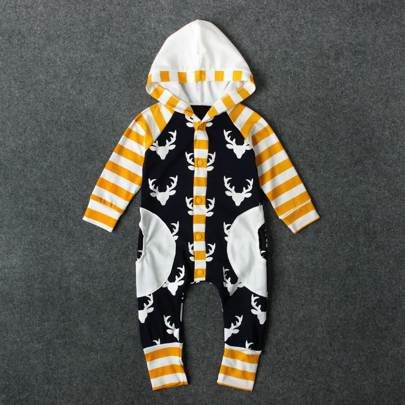 

Fashion Infant Bodysuit Long Sleeve Hooded Baby Bodysuits Newborn Deers Printed Pocket Baby Boys Girls Clothing