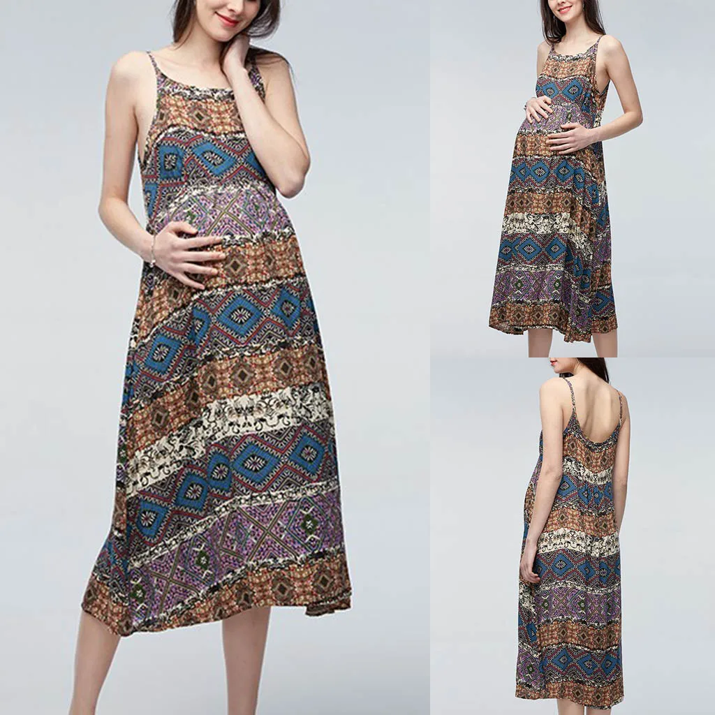 

JAYCOSIN Maternity Dress Women's Print Off Shoulder Blackless Maternity Sleeveless Long Vest Dress Pregnancy Dresss#0720